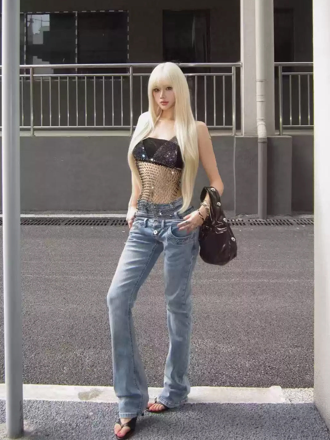 Double Waist Rivet Trim Flare Jeans - product view 2