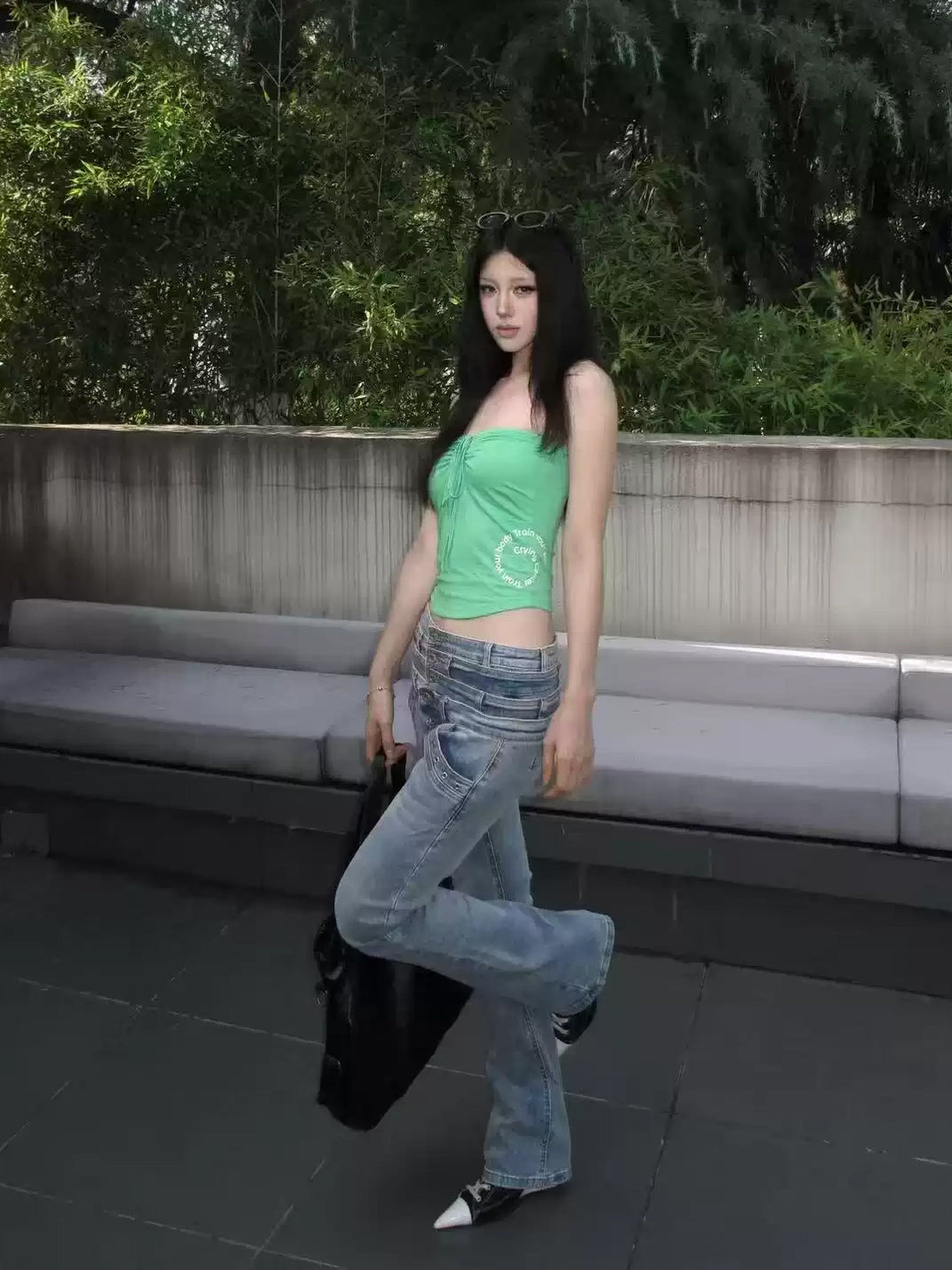 Double Waist Rivet Trim Flare Jeans - product view 4