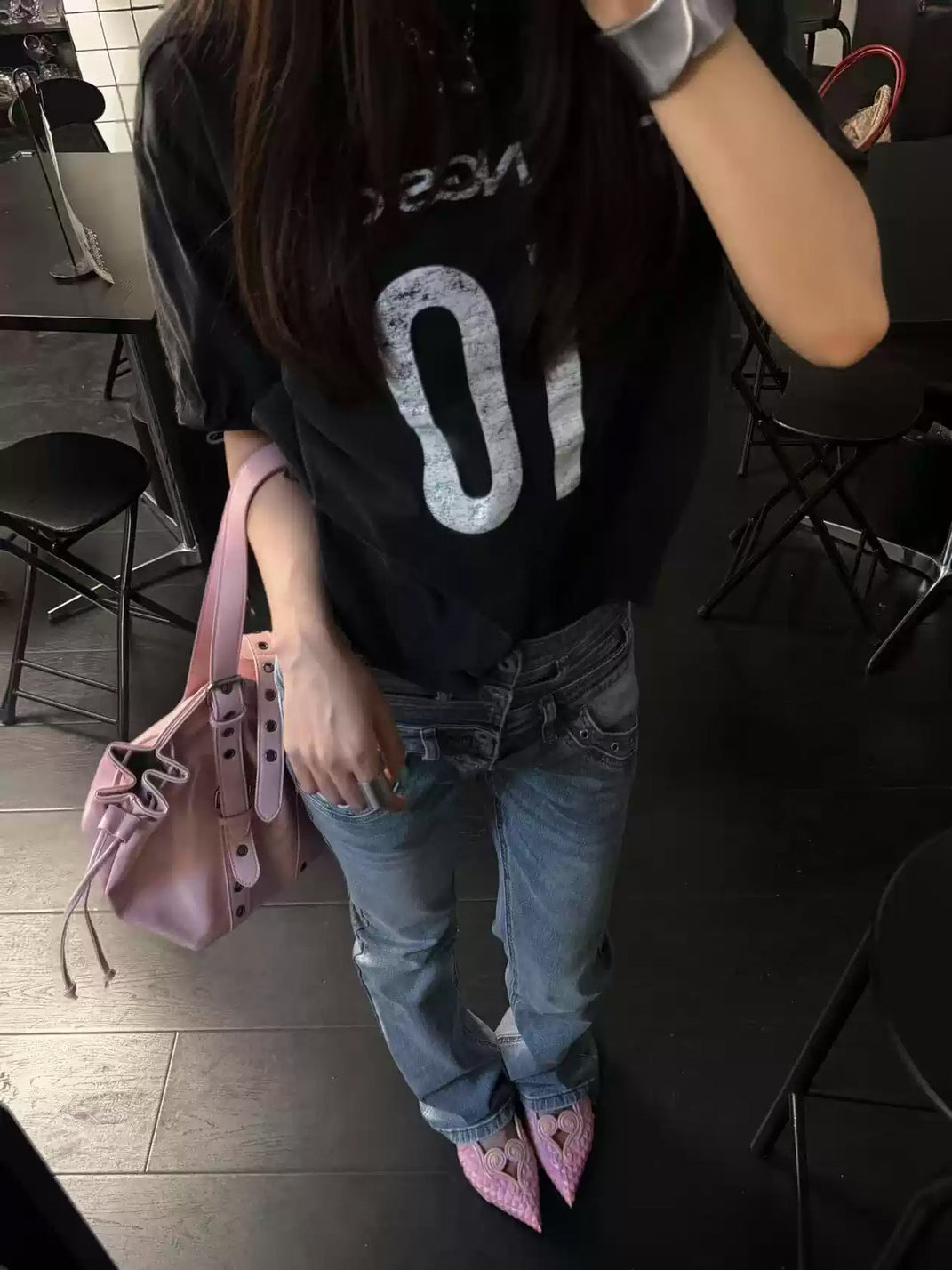Double Waist Rivet Trim Flare Jeans - product view 6