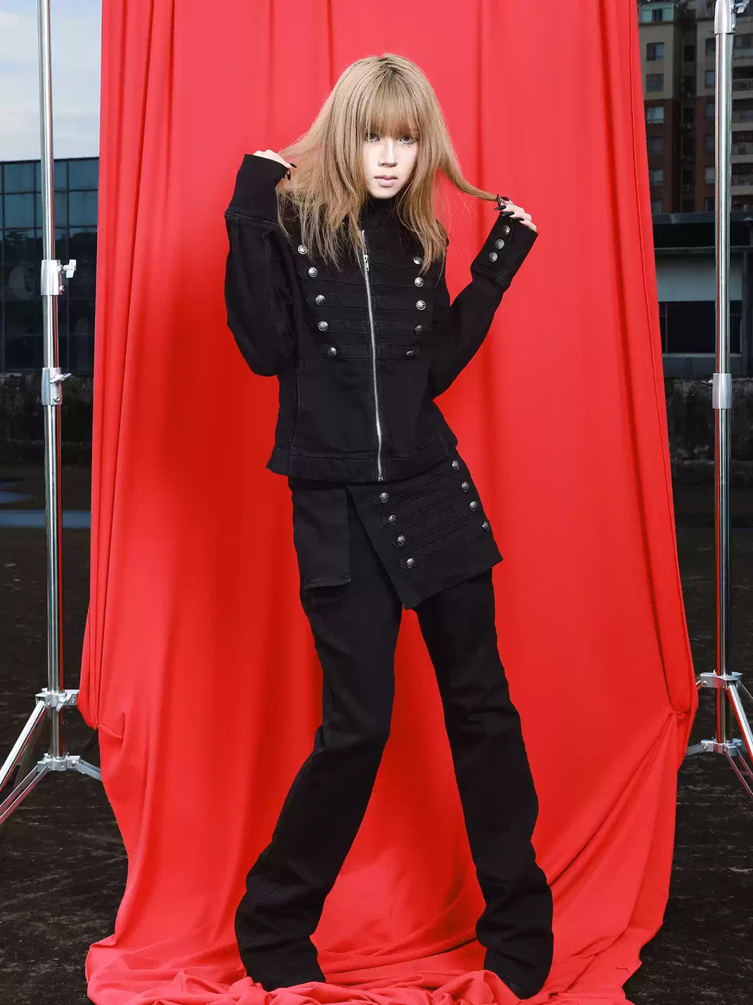 Button-Braid Cropped Black Denim Jacket - view 5