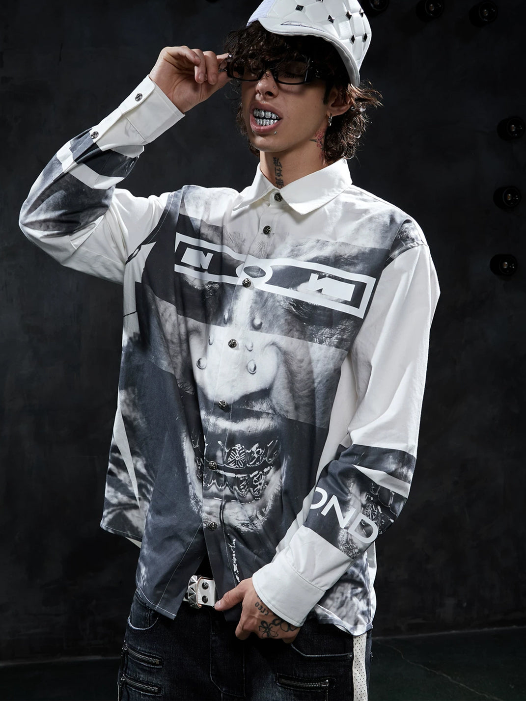 Monochrome Portrait Print Oversized Cotton Shirt - view 2