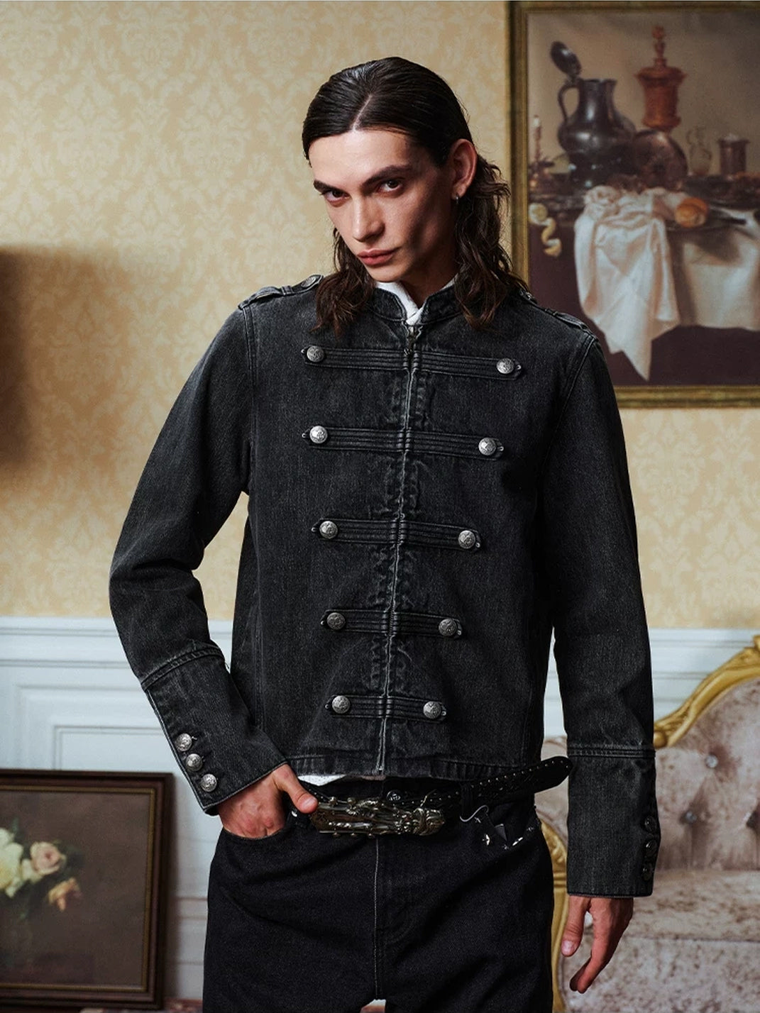 Decorative Button Washed Denim Zip Jacket - product view 2