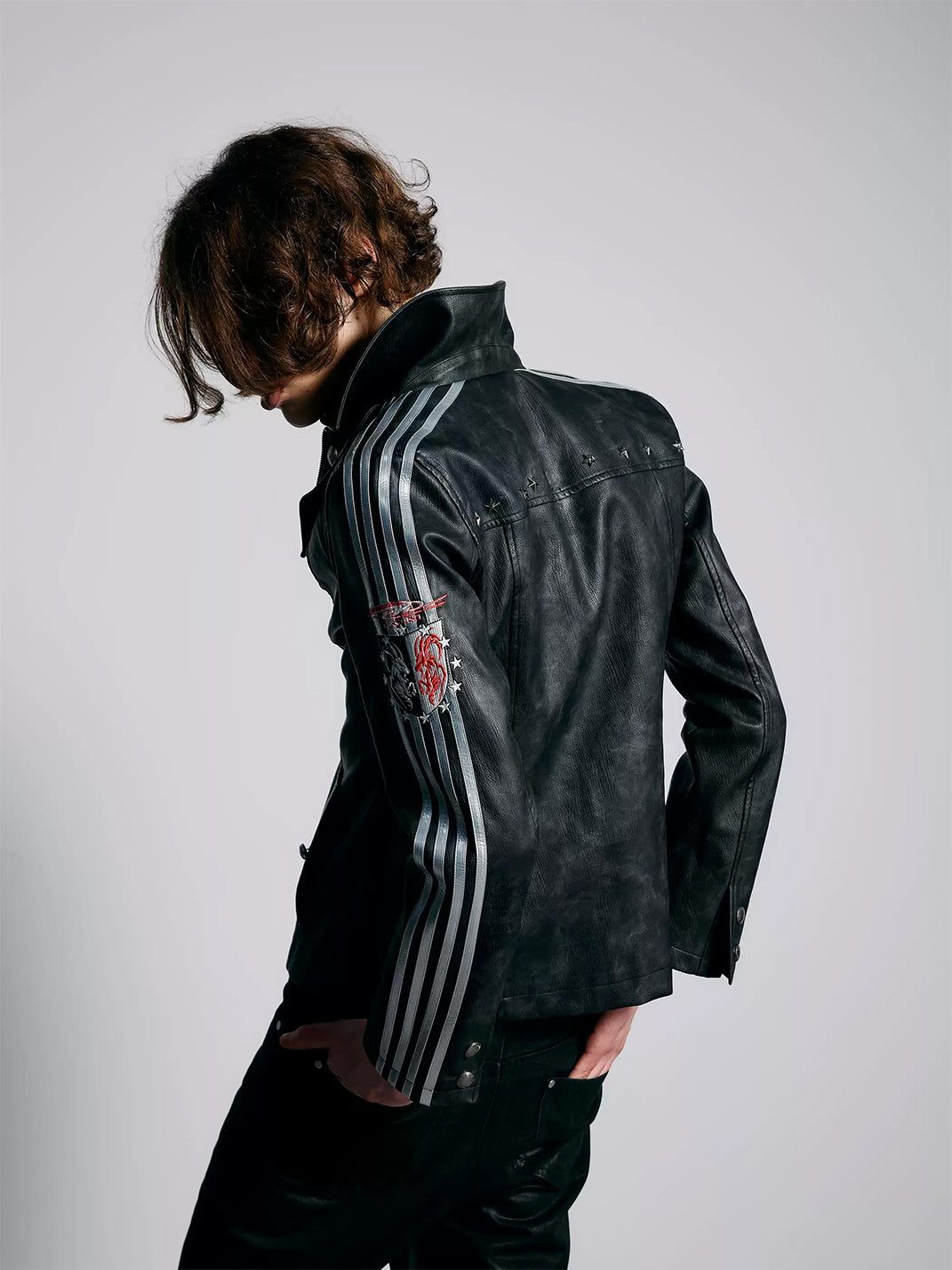 Silver-Stripe Button-Detail Faux-Leather Jacket - view 3