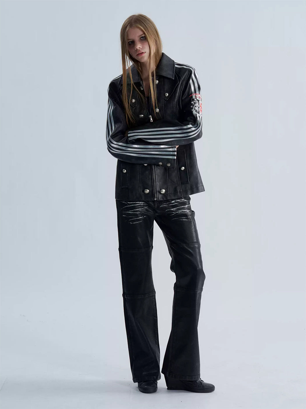 Silver-Stripe Button-Detail Faux-Leather Jacket - view 6