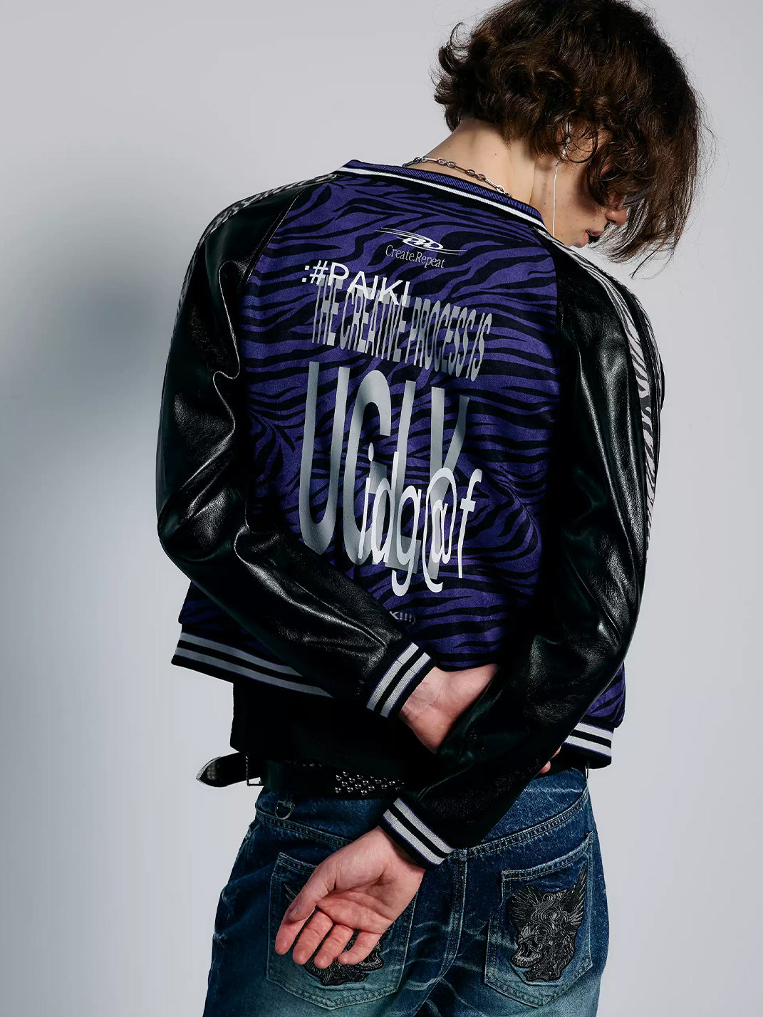 Violet Zebra Contrast-Sleeve Varsity Jacket - view 3