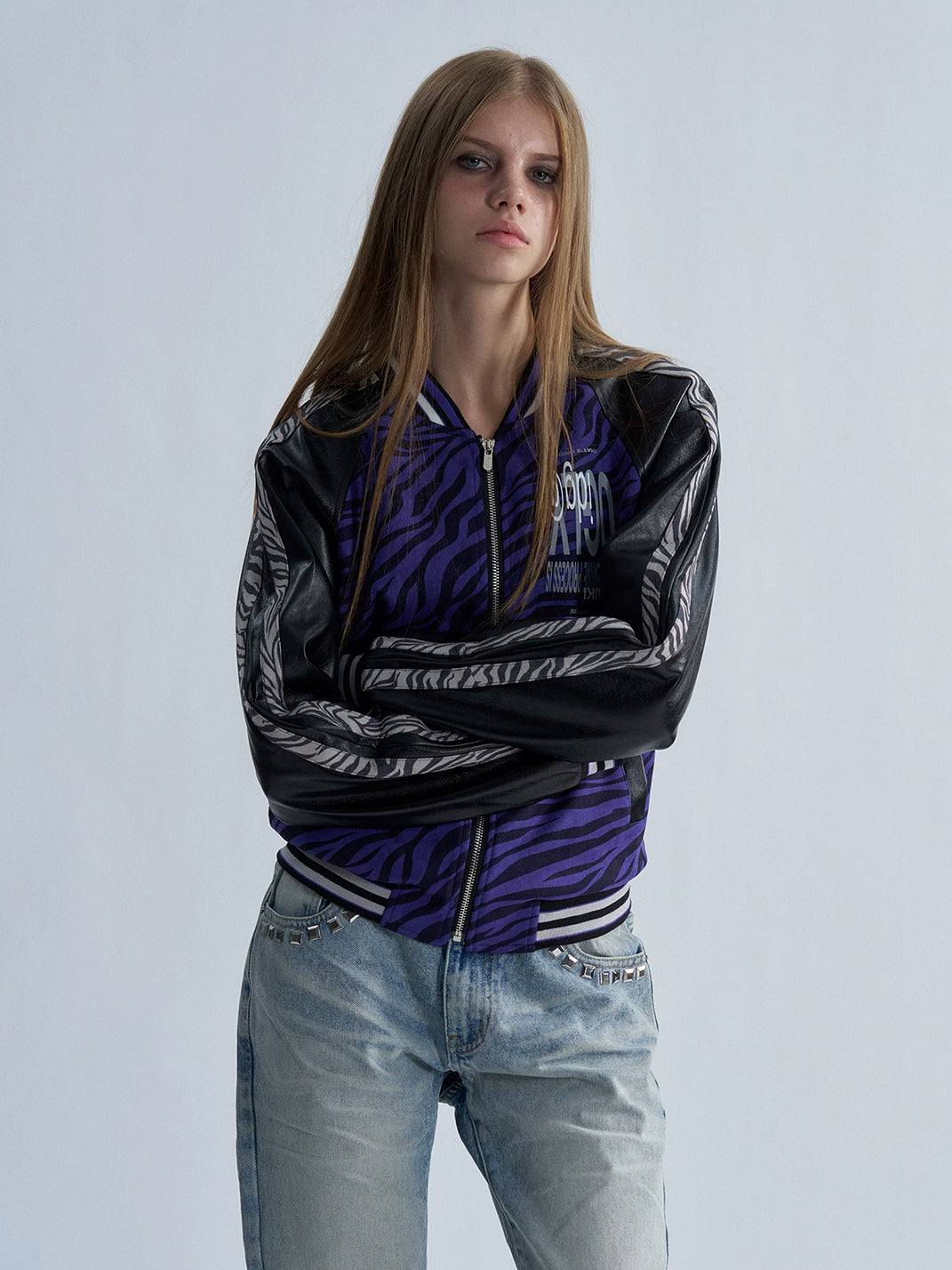 Violet Zebra Contrast-Sleeve Varsity Jacket - view 8