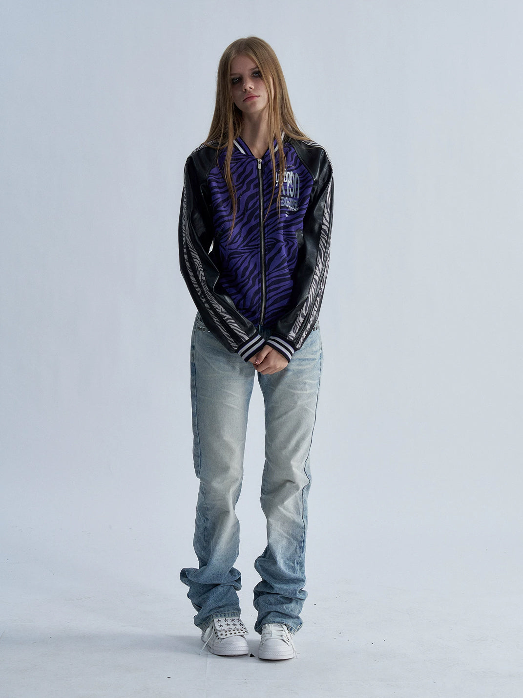 Violet Zebra Contrast-Sleeve Varsity Jacket - view 9