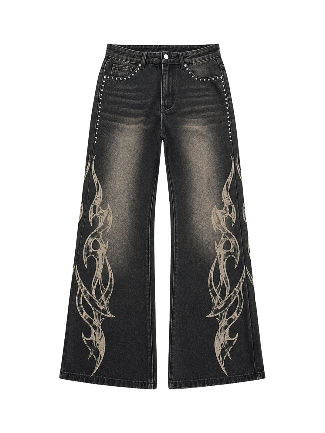Studded Flame Print Washed Flare Jeans - view 1