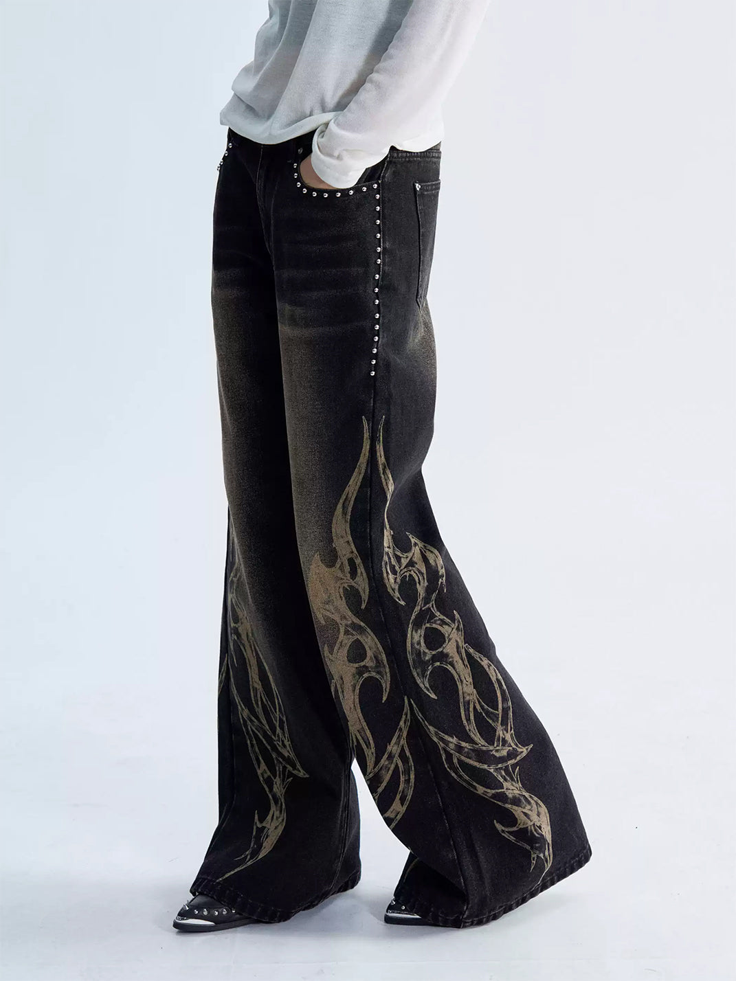 Studded Flame Print Washed Flare Jeans - view 2