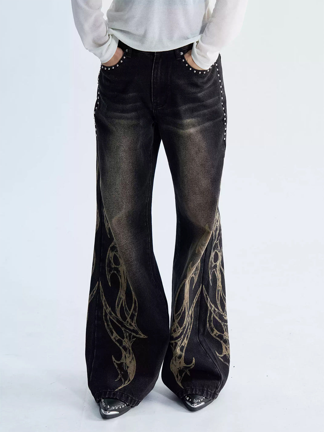 Studded Flame Print Washed Flare Jeans - view 3