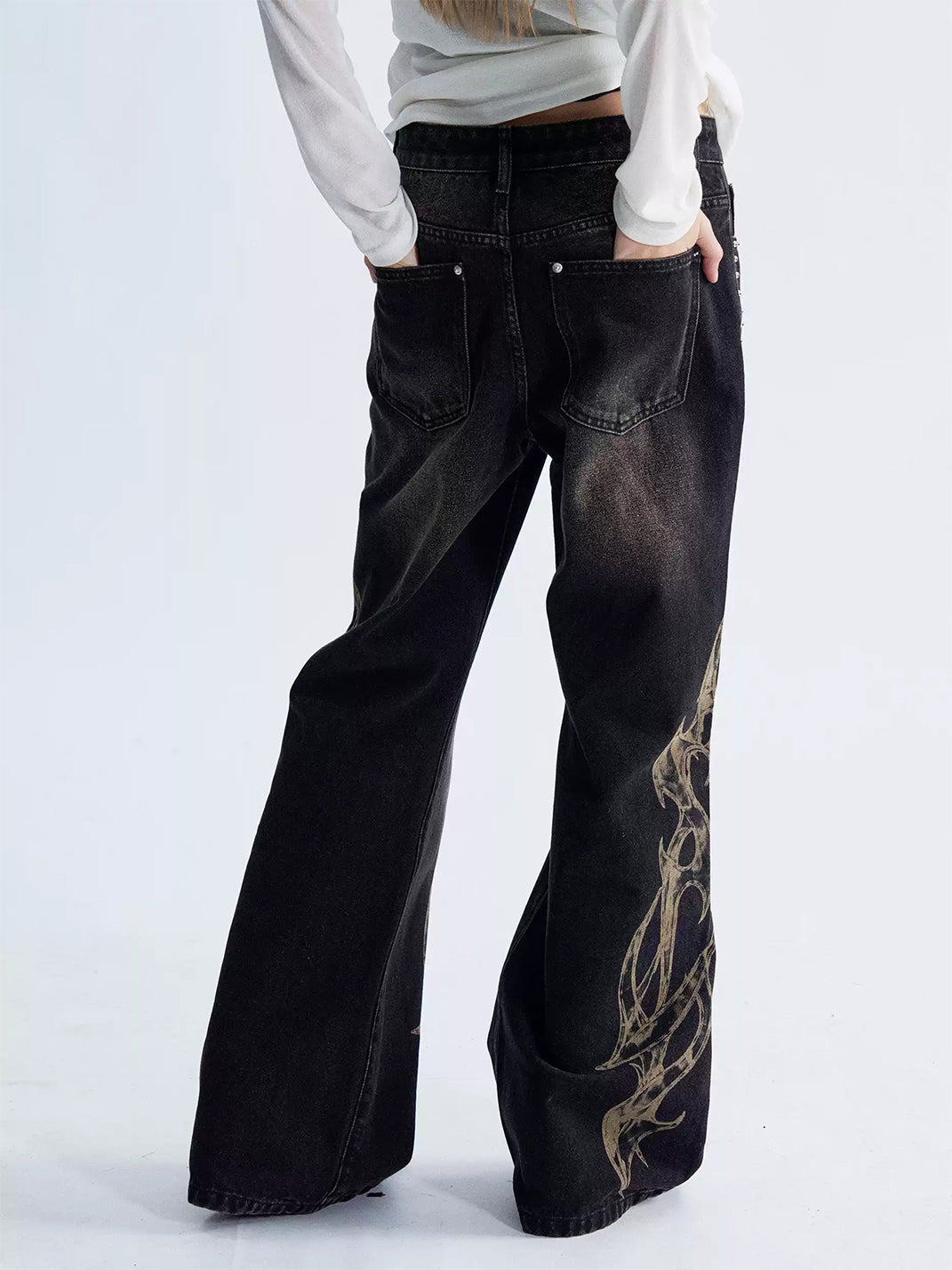Studded Flame Print Washed Flare Jeans - view 4