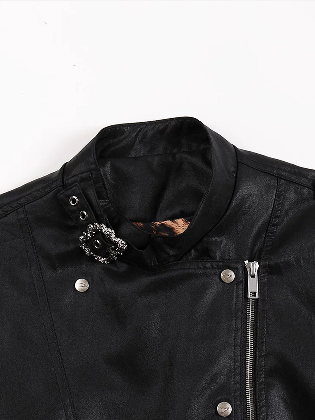 Leopard Lined Asymmetric Studded Zip Jacket - product view 4