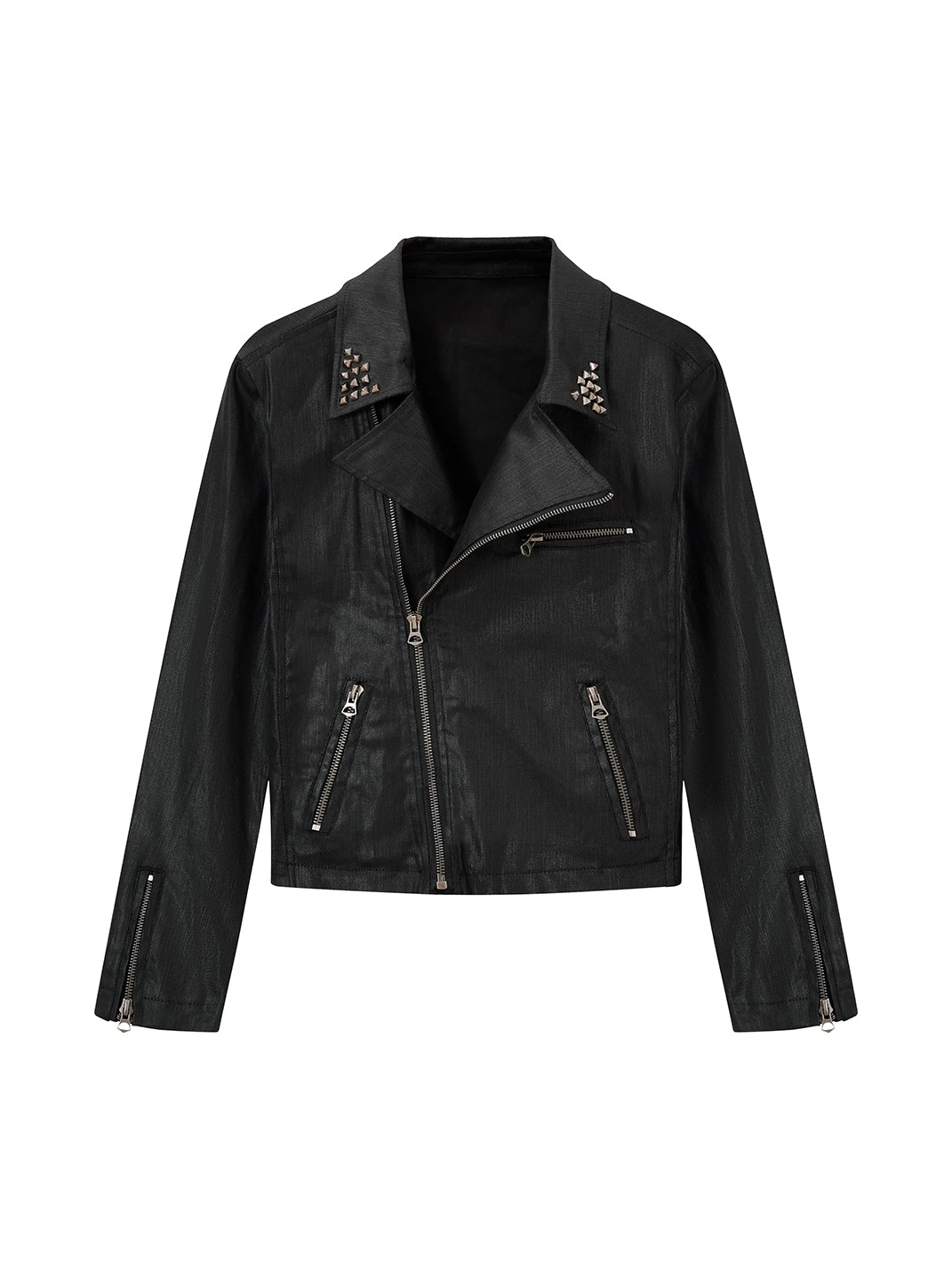 Studded Lapel Waxed Cotton Biker Jacket - front view