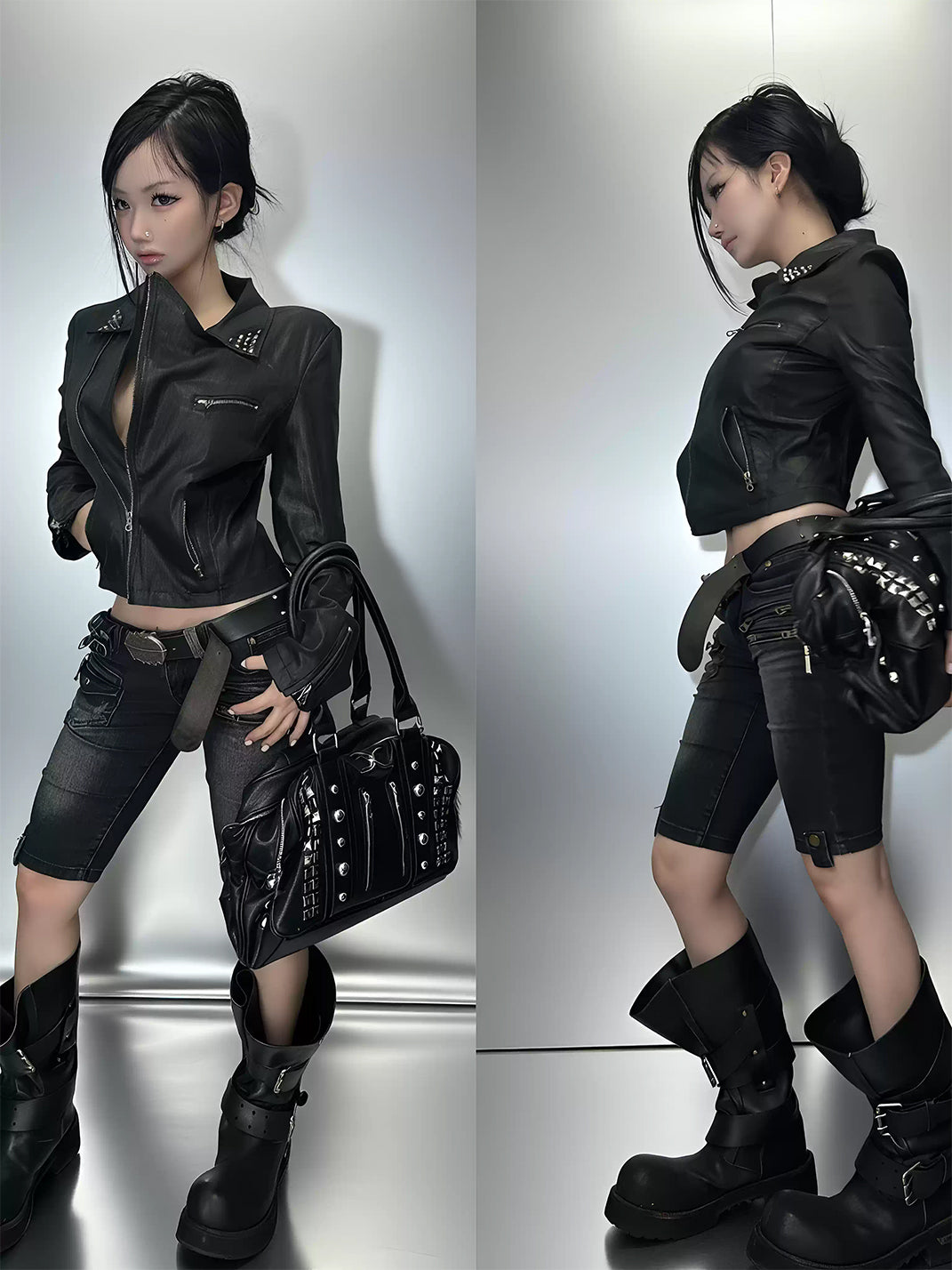 Studded Lapel Waxed Cotton Biker Jacket - product view 5
