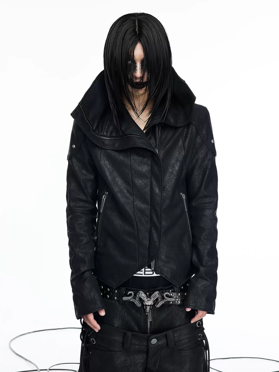 Lace Back Asymmetric Faux Leather Jacket - product view 1