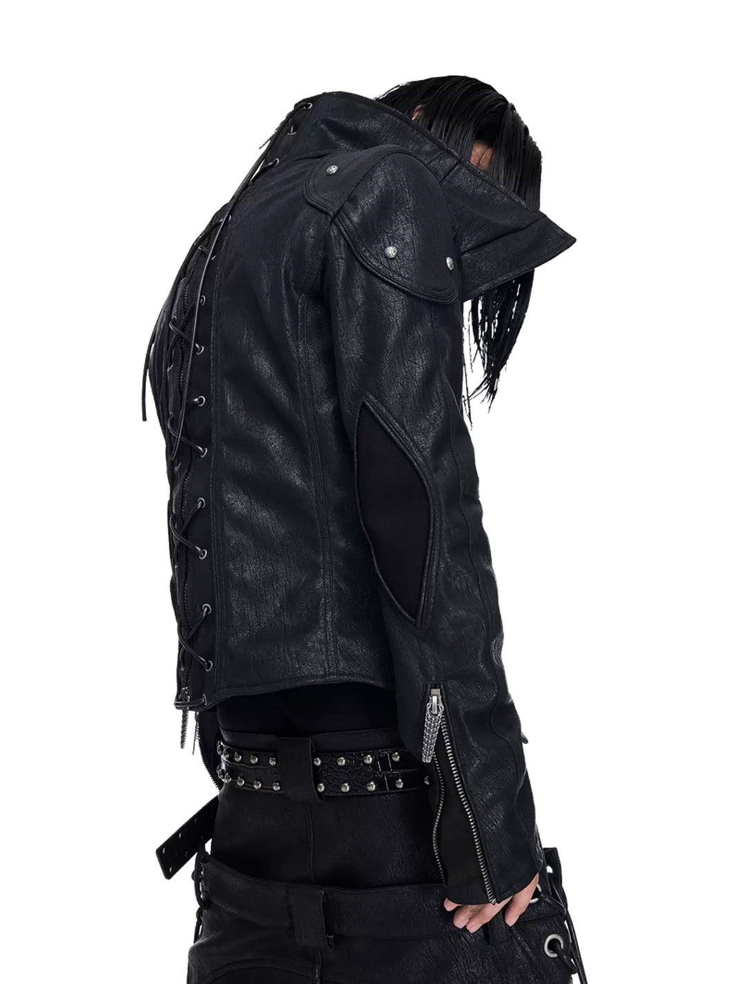 Lace Back Asymmetric Faux Leather Jacket - product view 4