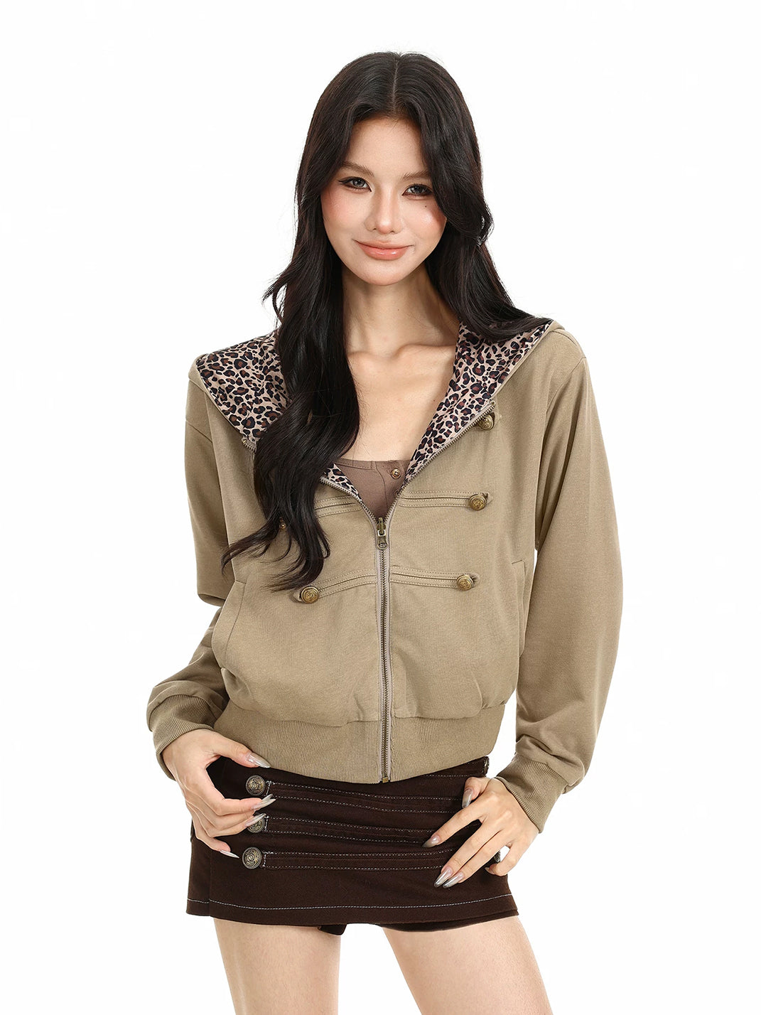 Leopard Lined Hooded Button Zip Jacket - product view 3