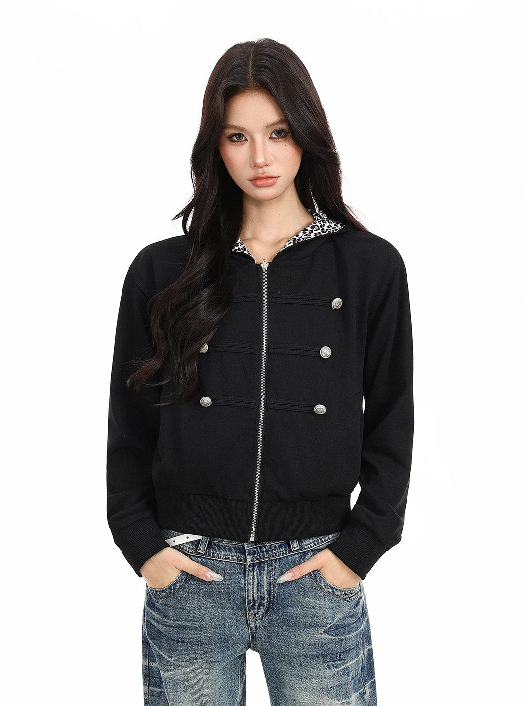Leopard Lined Hooded Button Zip Jacket - product view 7