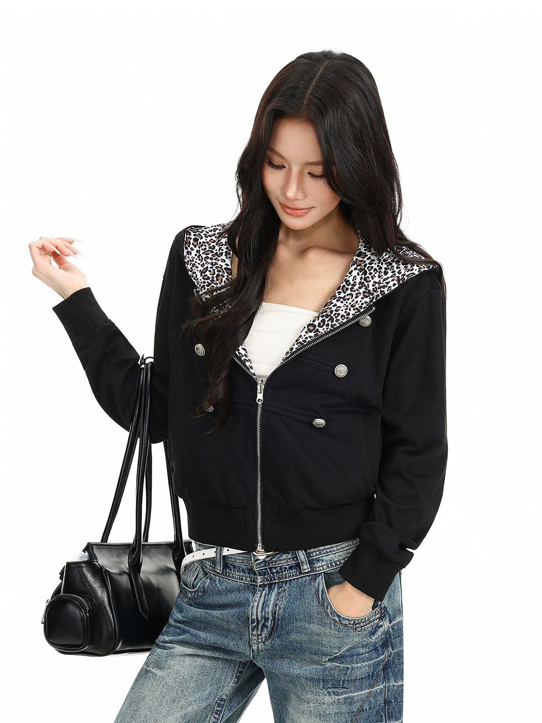 Leopard Lined Hooded Button Zip Jacket - product view 8
