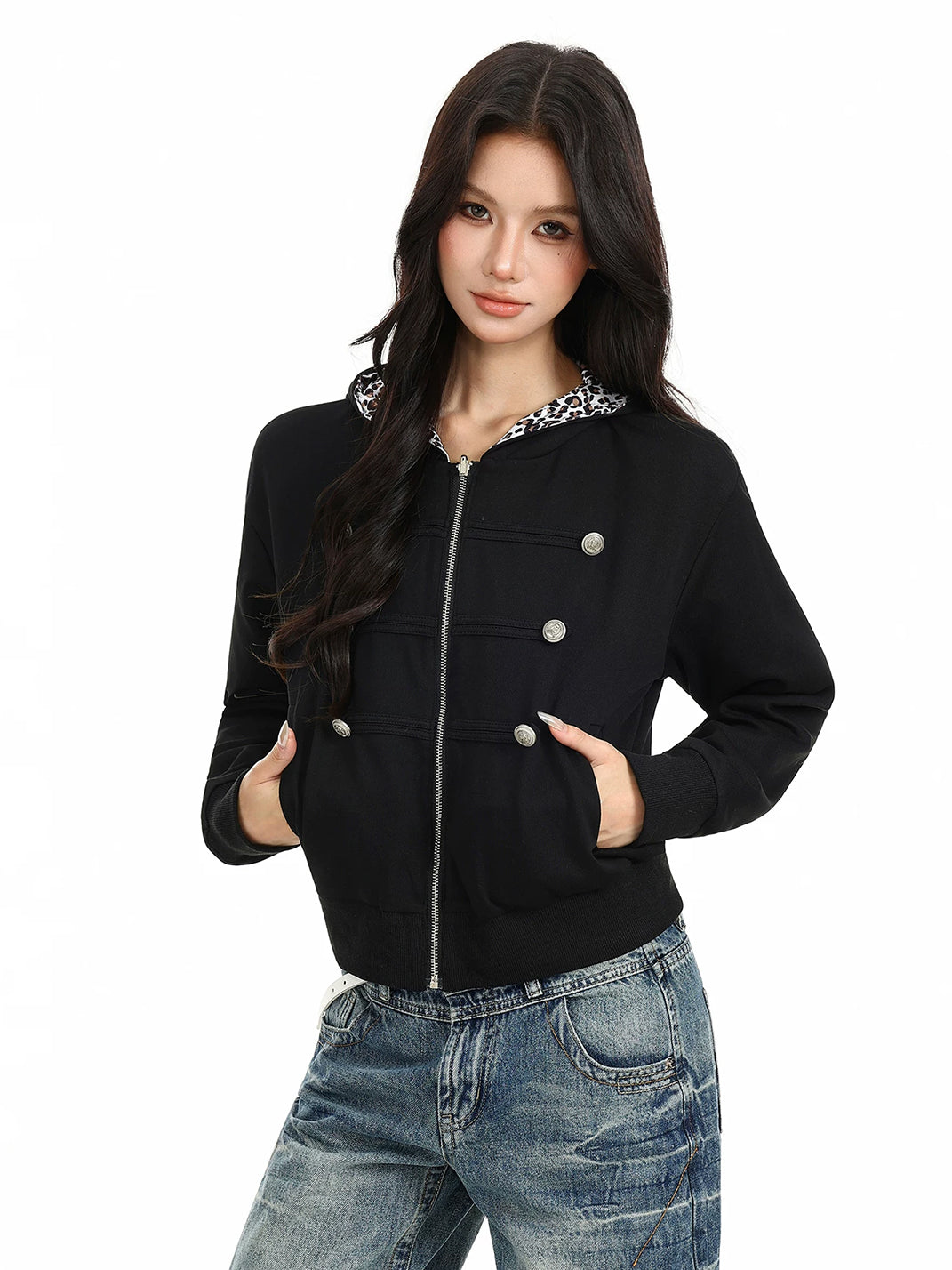 Leopard Lined Hooded Button Zip Jacket - product view 9