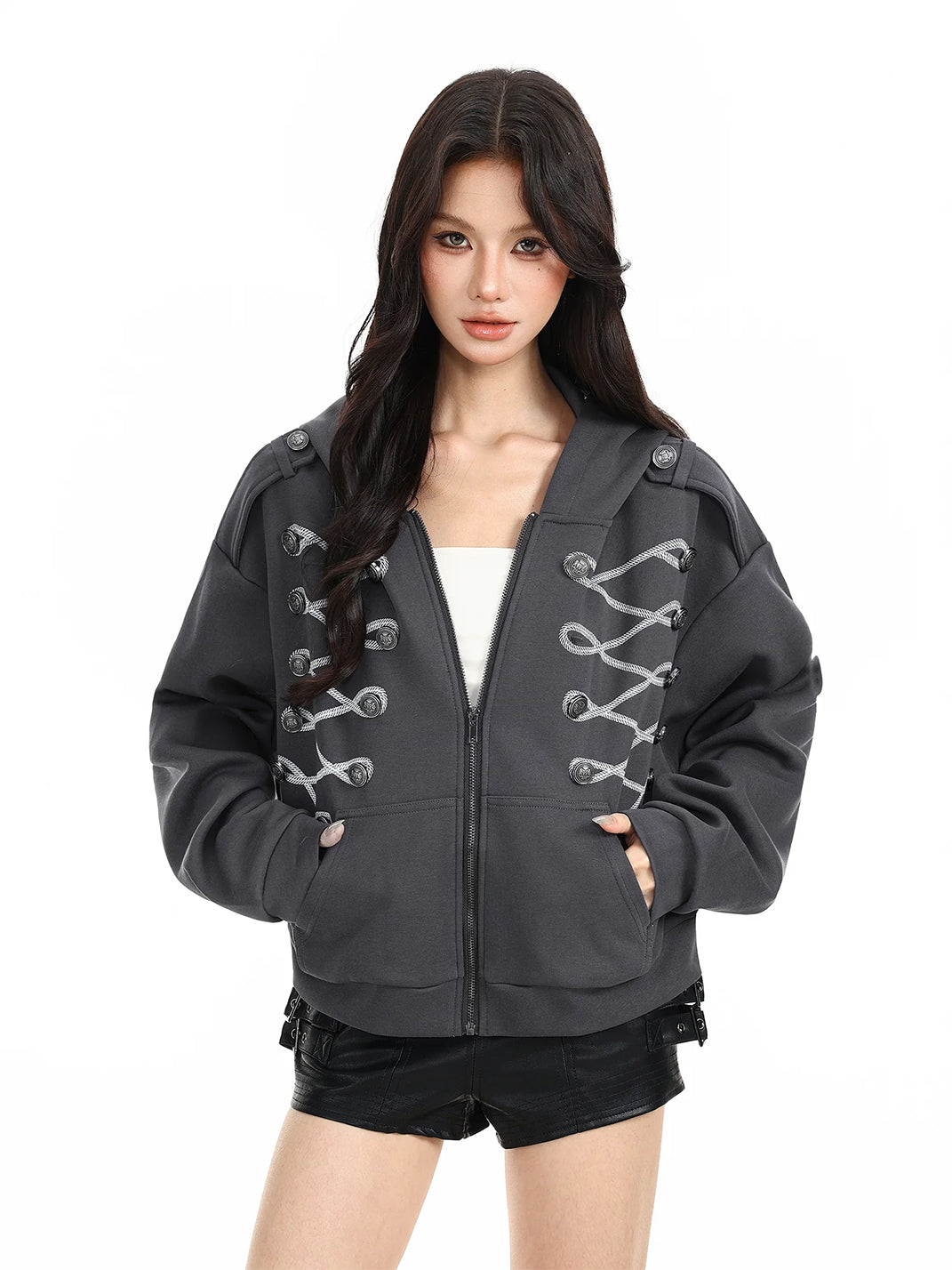 Braided Loop Trim Hooded Zip Jacket - product view 1