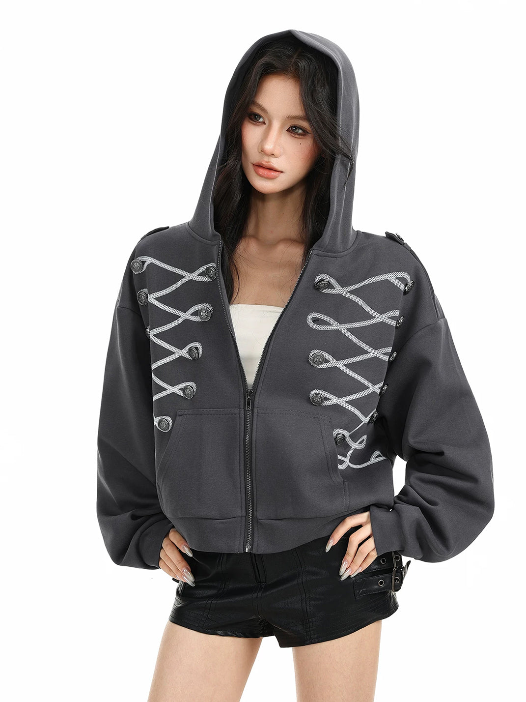 Braided Loop Trim Hooded Zip Jacket - product view 3