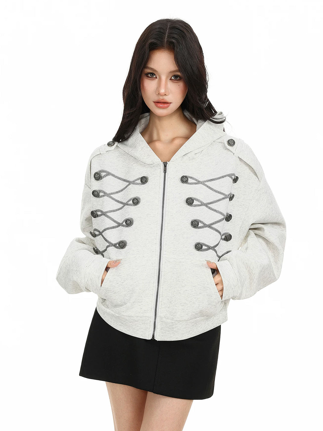 Braided Loop Trim Hooded Zip Jacket - product view 7