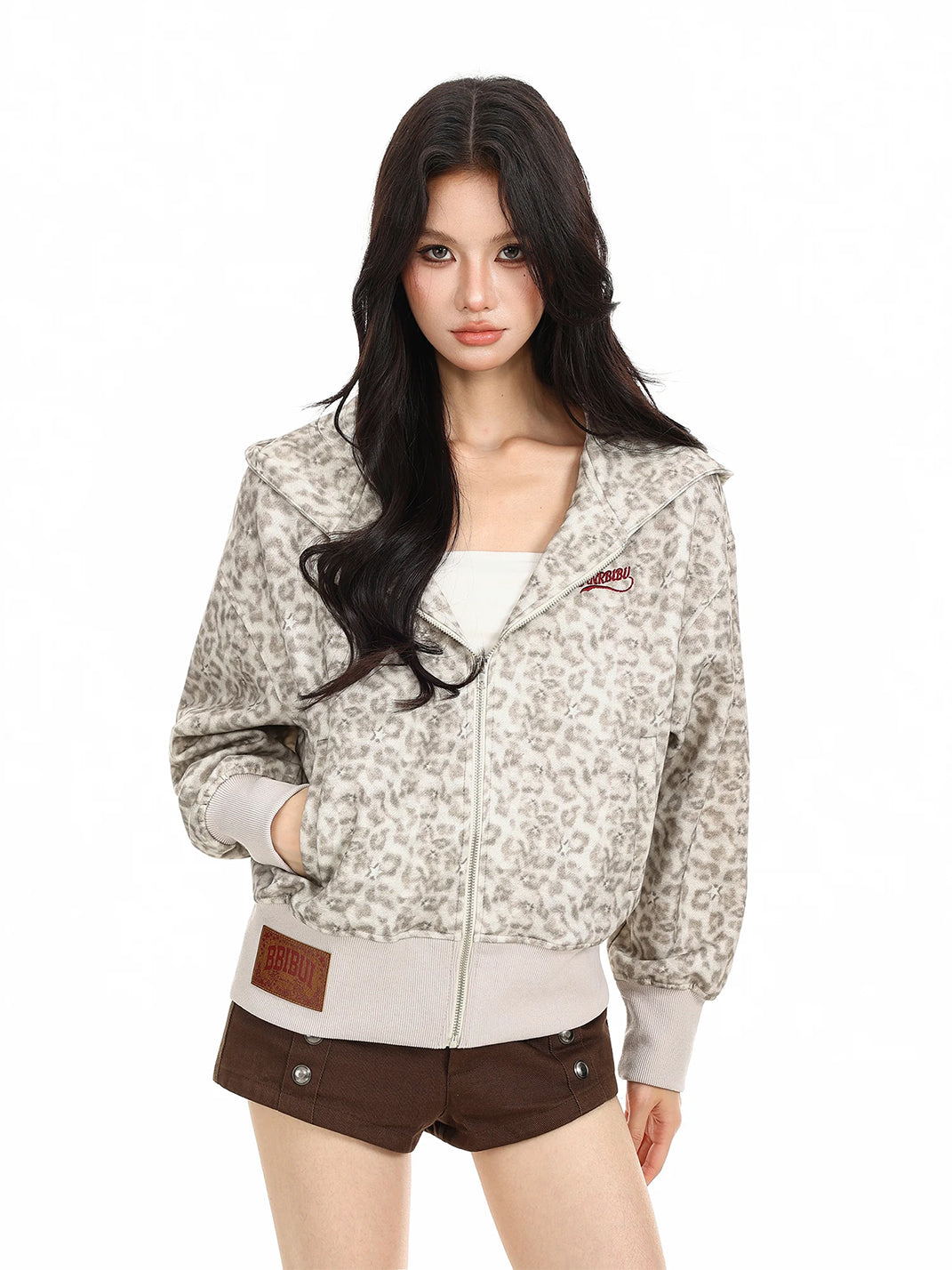 Leopard Print Ribbed Hooded Zip Jacket - product view 1