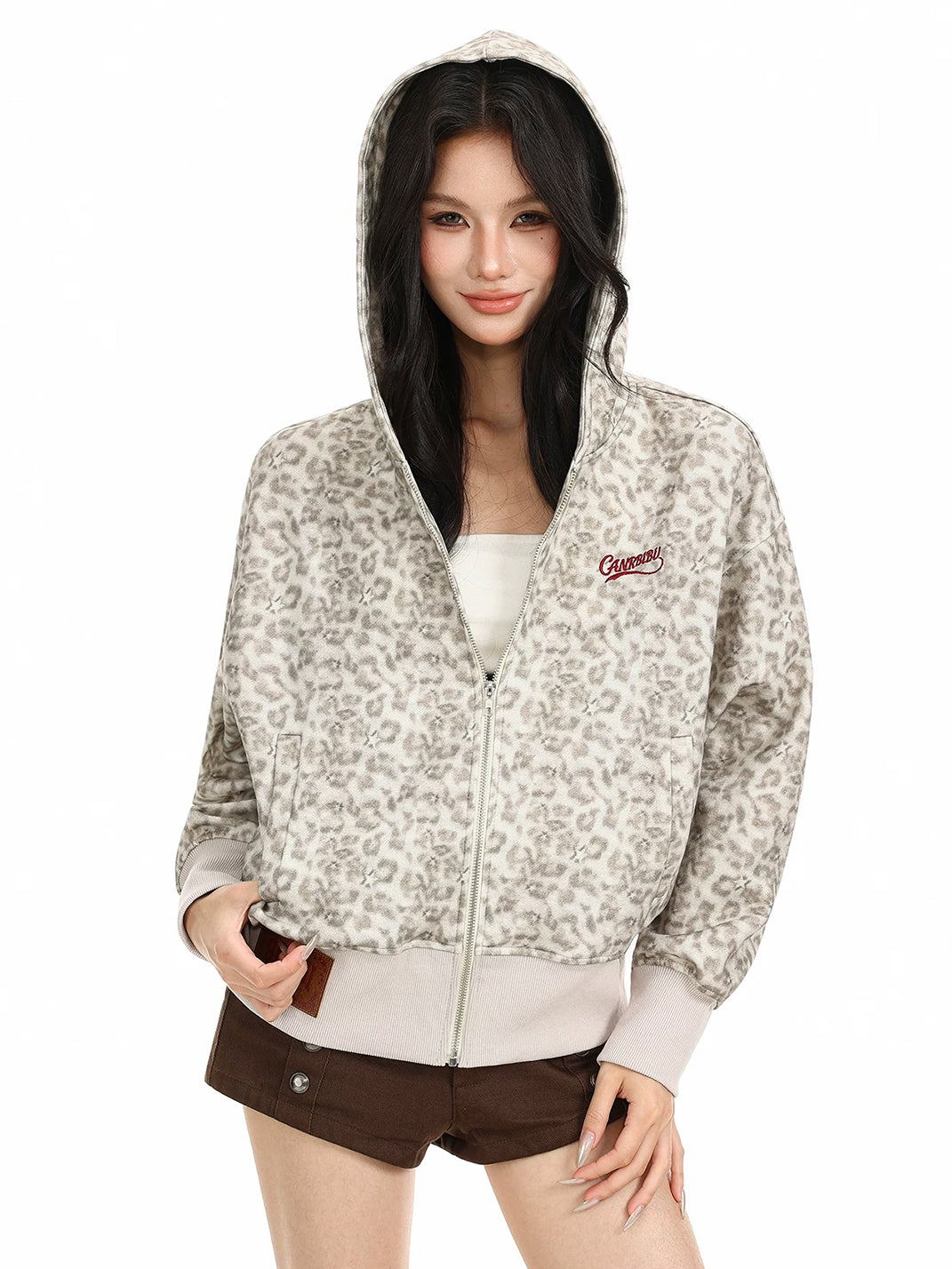 Leopard Print Ribbed Hooded Zip Jacket - product view 5