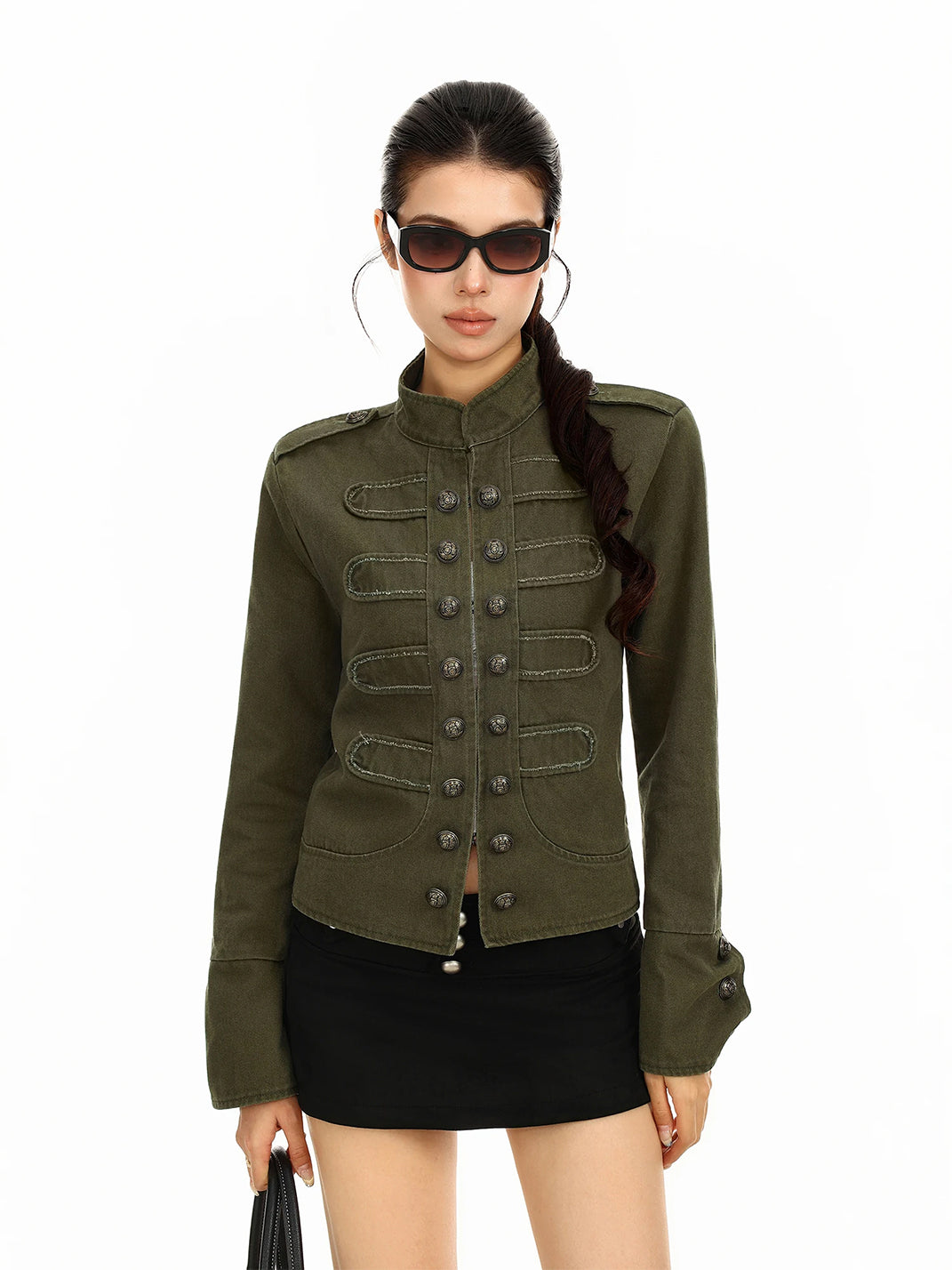 Mandarin Collar Cotton Military Detail Jacket - front view