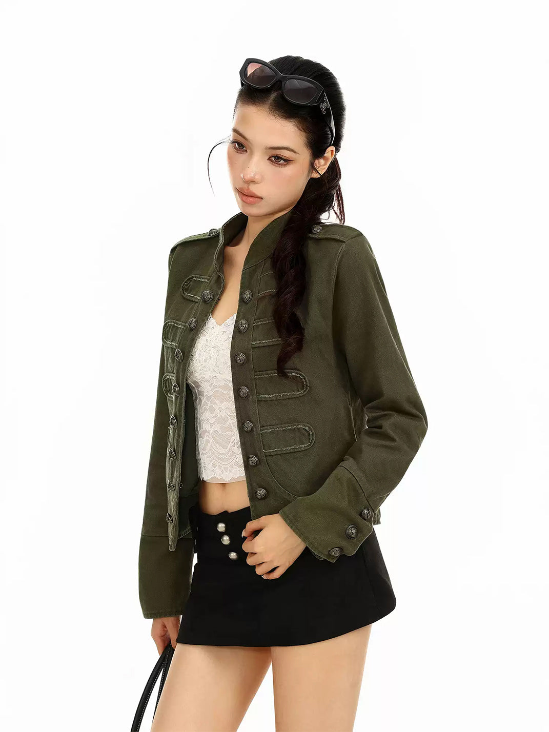 Mandarin Collar Cotton Military Detail Jacket - product view 2