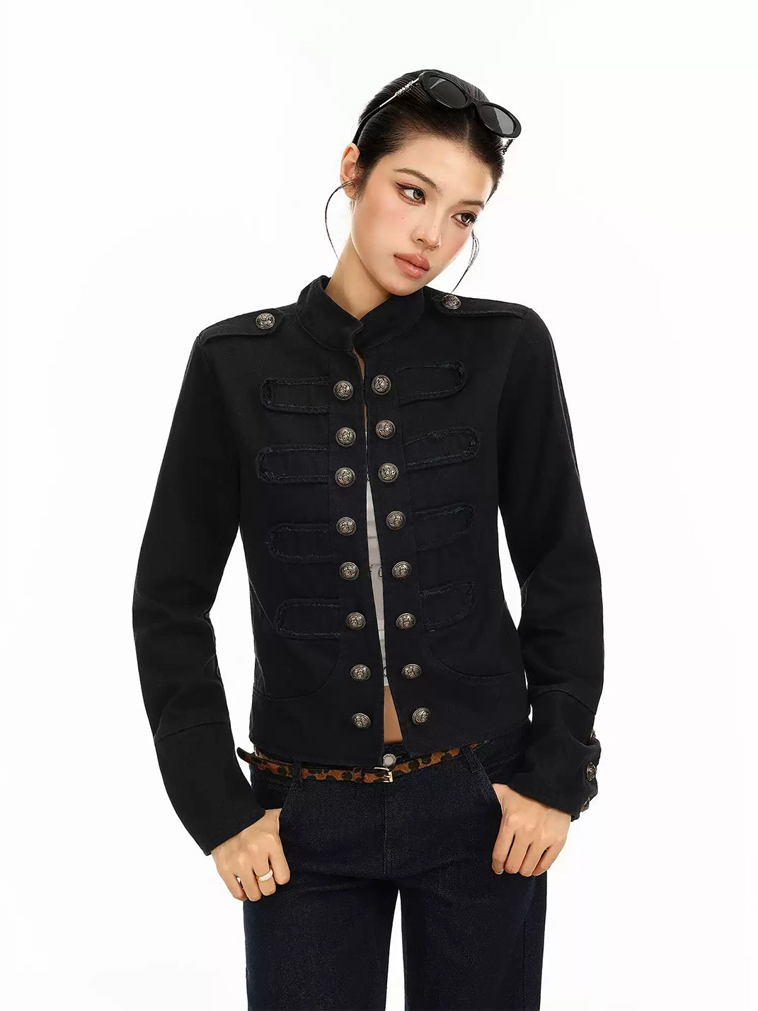 Mandarin Collar Cotton Military Detail Jacket - product view 6