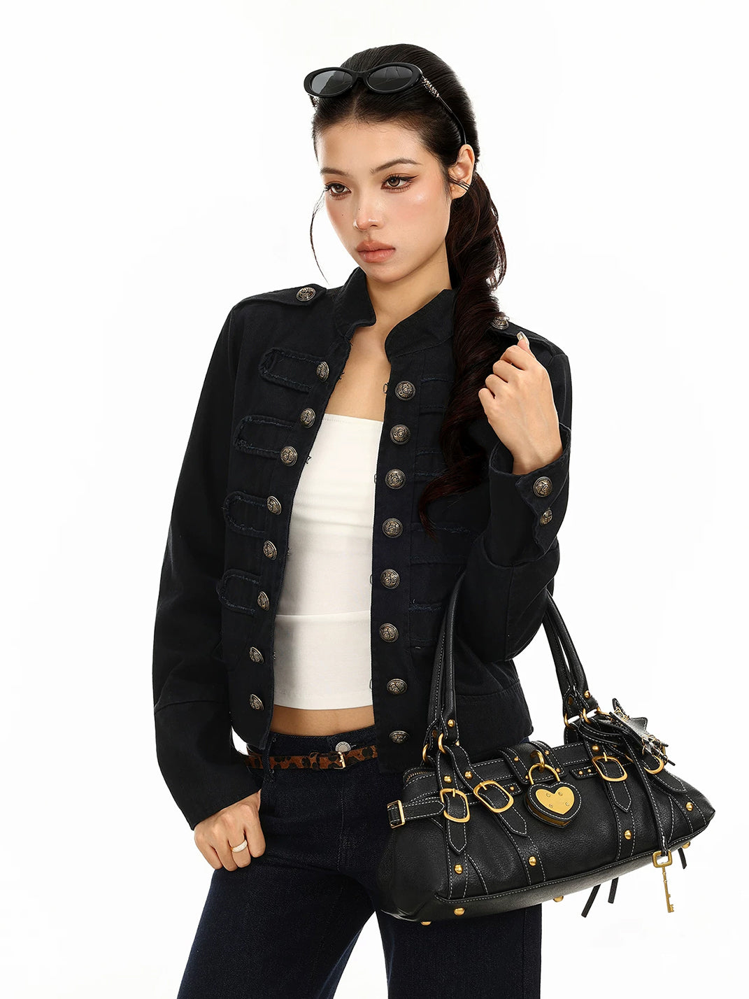 Mandarin Collar Cotton Military Detail Jacket - product view 7