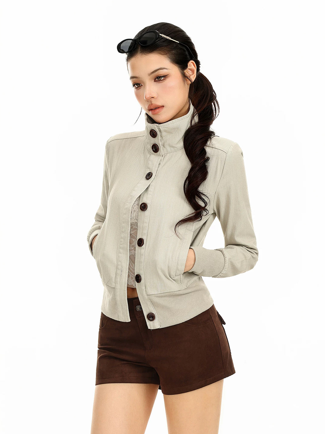 Cotton Button Front Stand Collar Jacket - product view 3