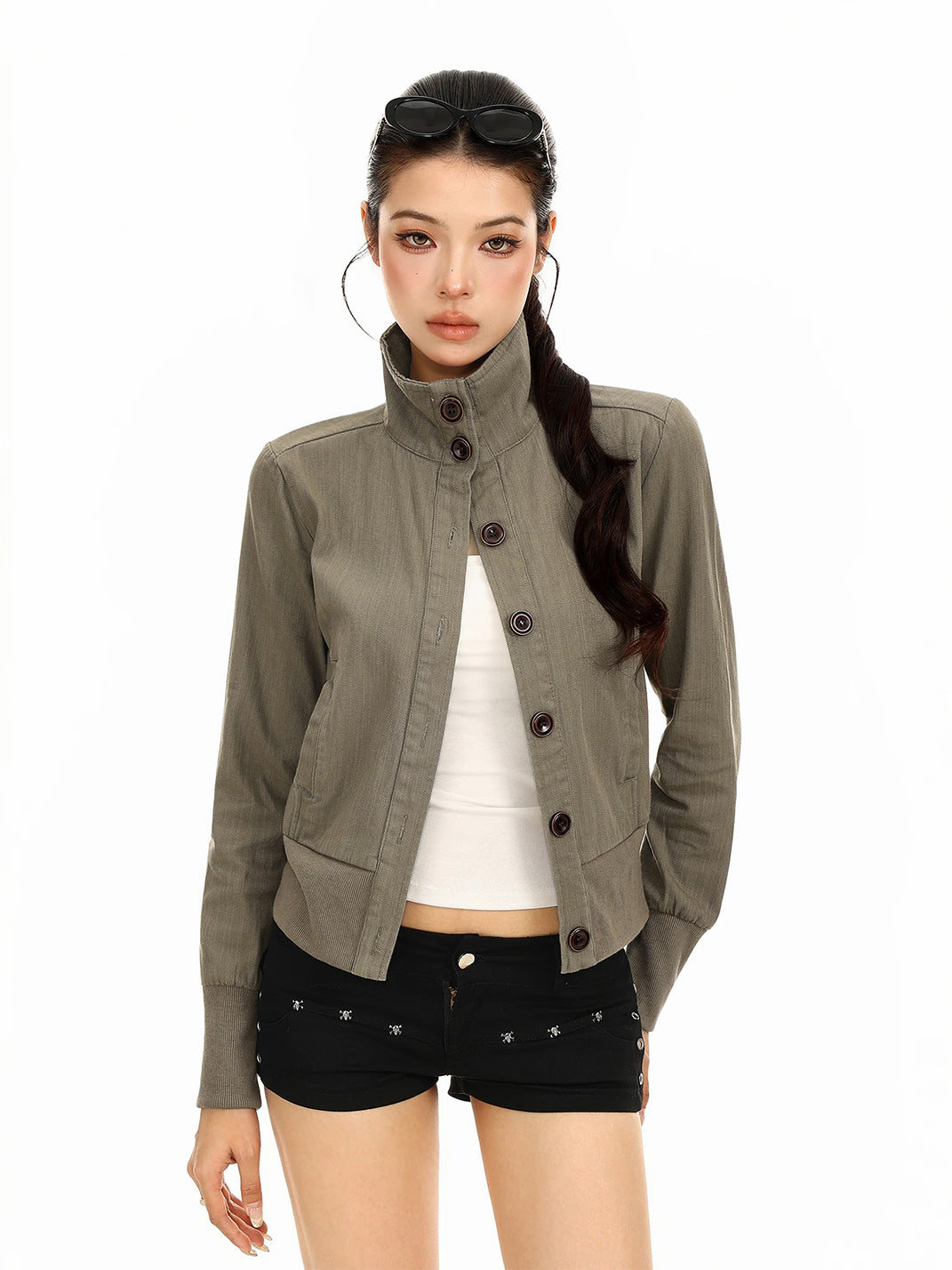 Cotton Button Front Stand Collar Jacket - product view 7