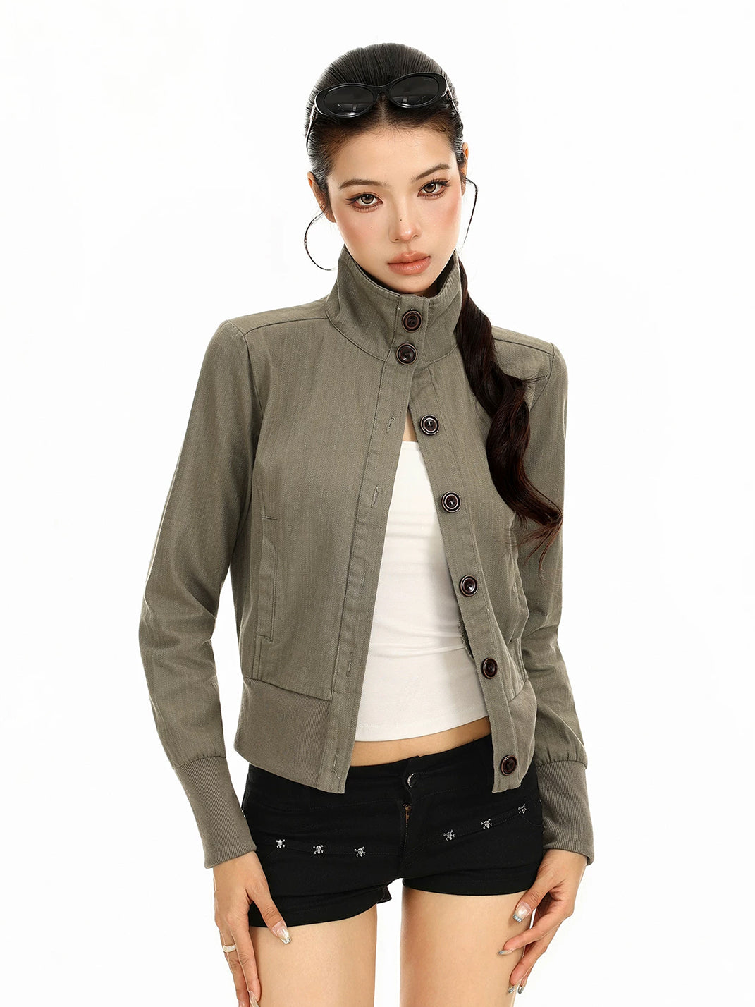 Cotton Button Front Stand Collar Jacket - product view 8