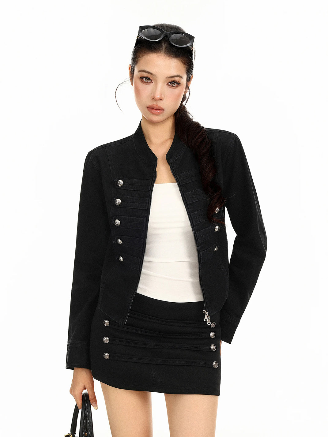 Decorative Button Cropped Cotton Zip Jacket - front view