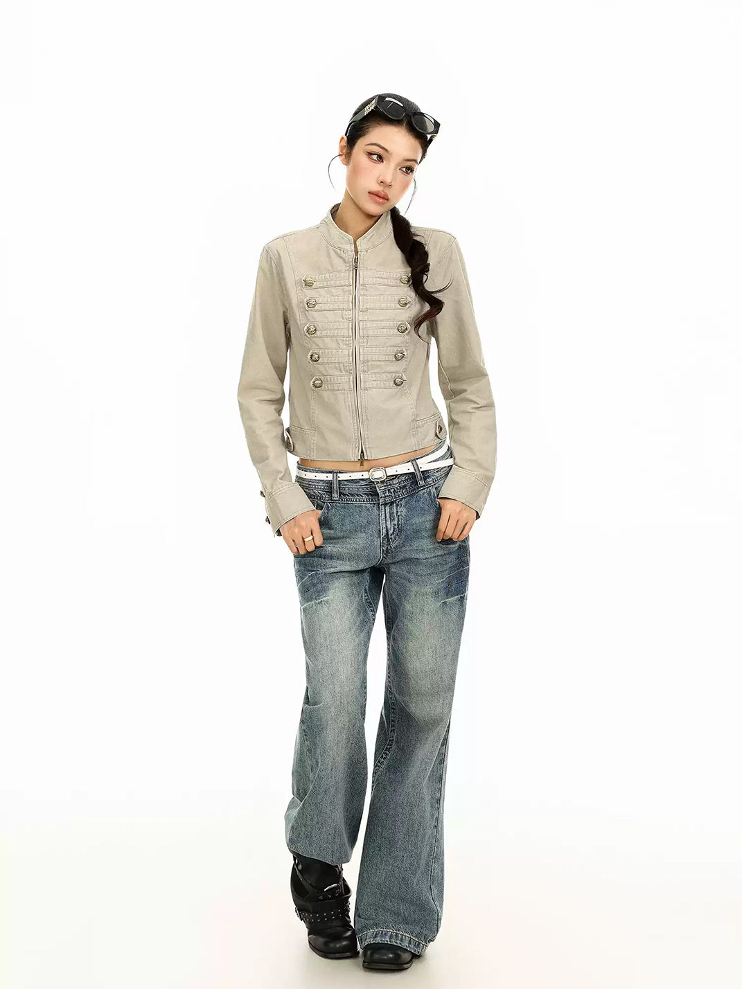 Decorative Button Cropped Cotton Zip Jacket - product view 10