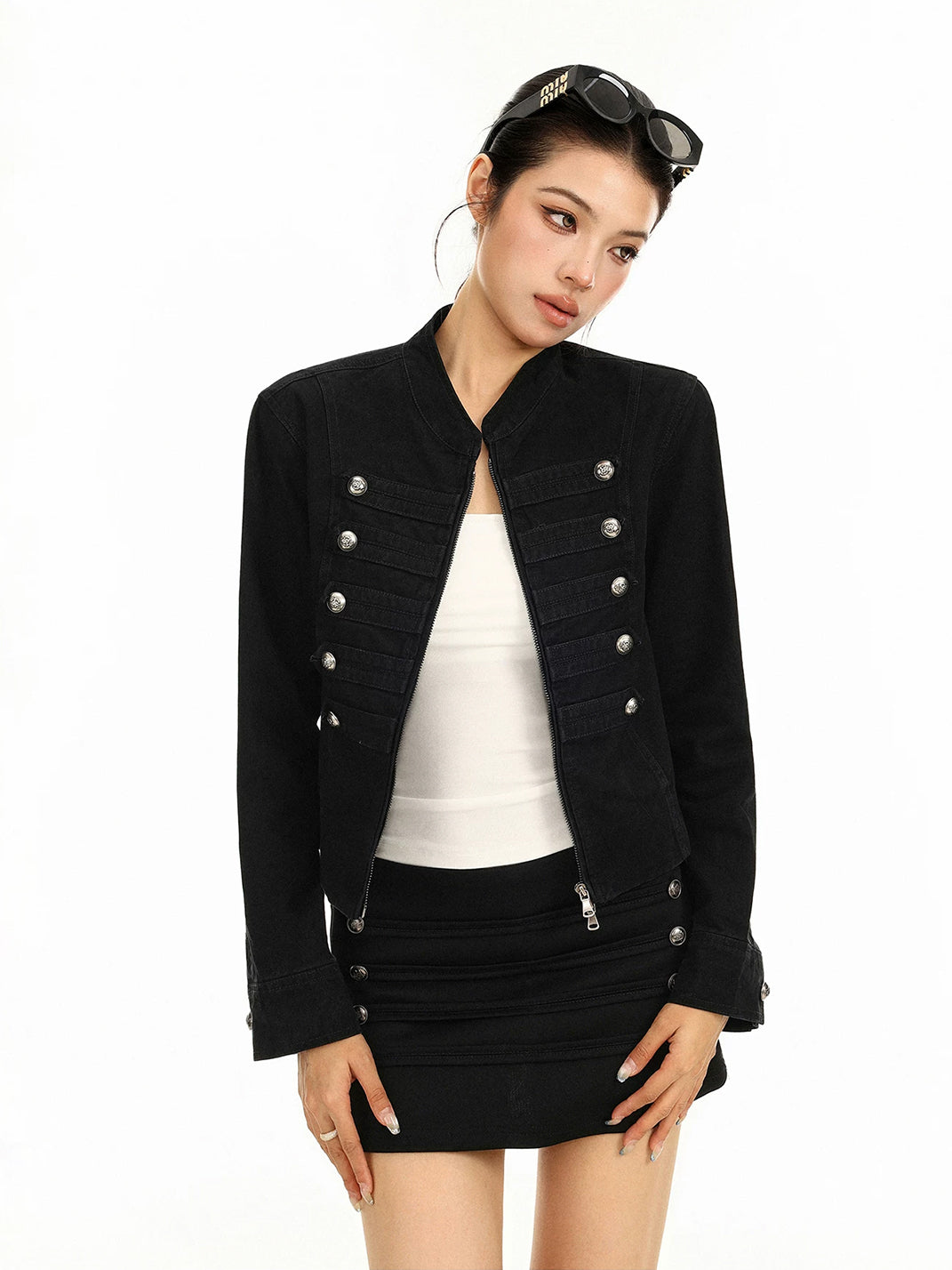 Decorative Button Cropped Cotton Zip Jacket - product view 4