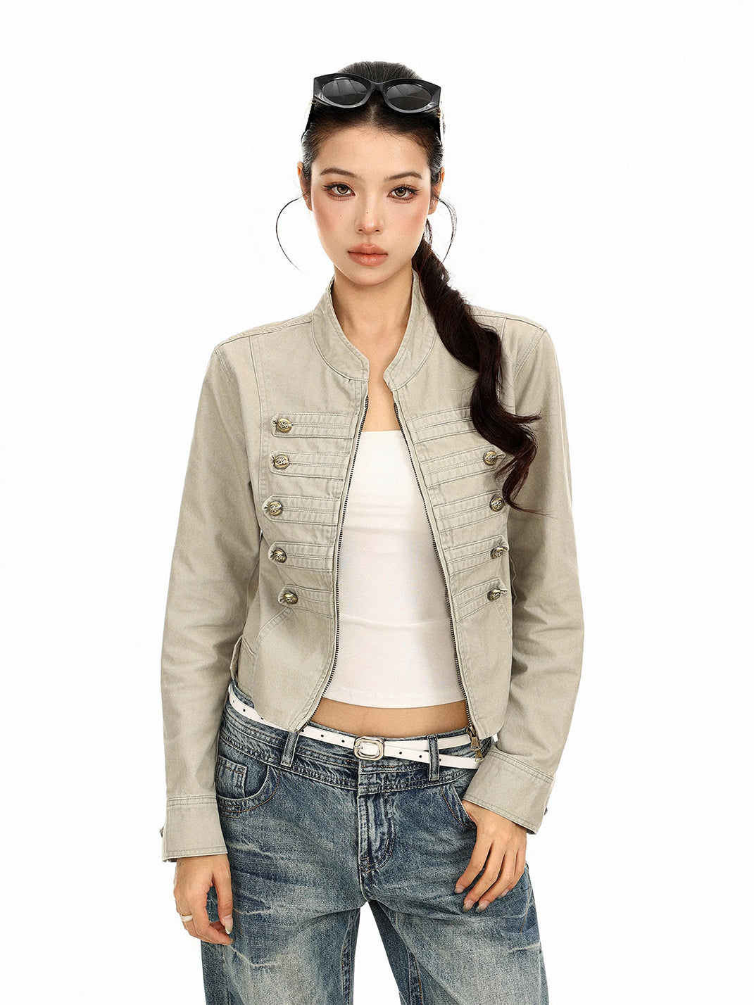 Decorative Button Cropped Cotton Zip Jacket - product view 6