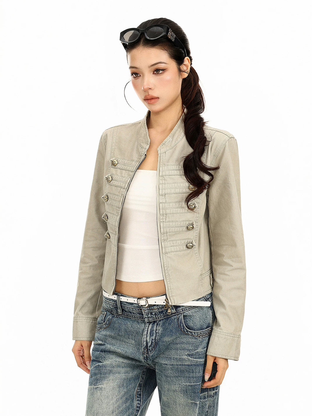 Decorative Button Cropped Cotton Zip Jacket - product view 8