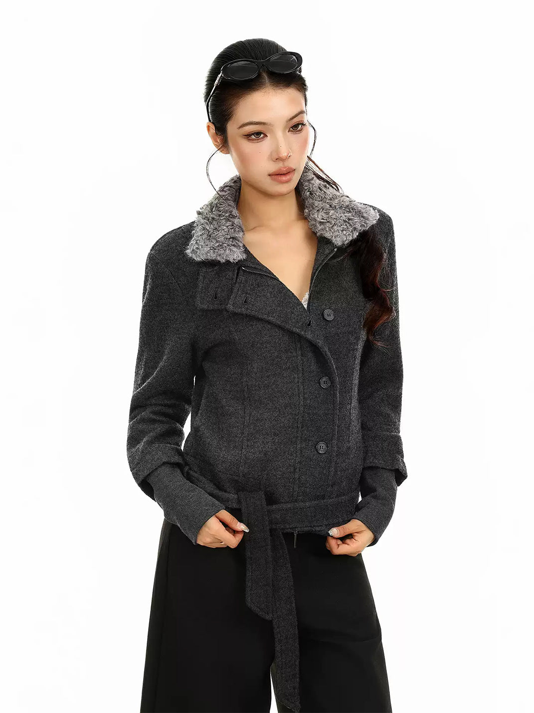 Belted Plush Collar Cropped Button Jacket - product view 2