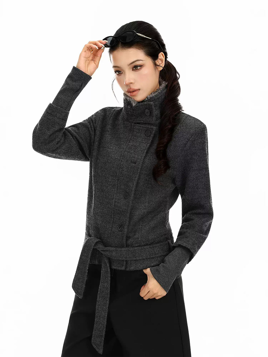 Belted Plush Collar Cropped Button Jacket - product view 3