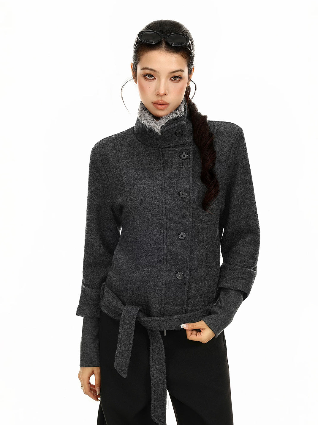 Belted Plush Collar Cropped Button Jacket - product view 5