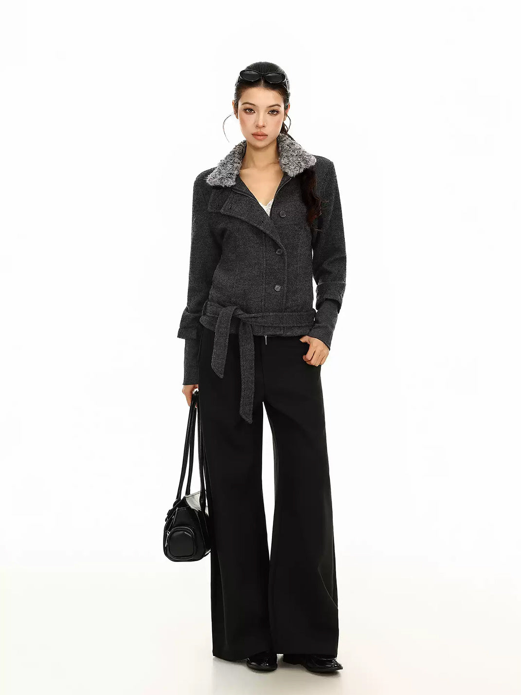 Belted Plush Collar Cropped Button Jacket - product view 7