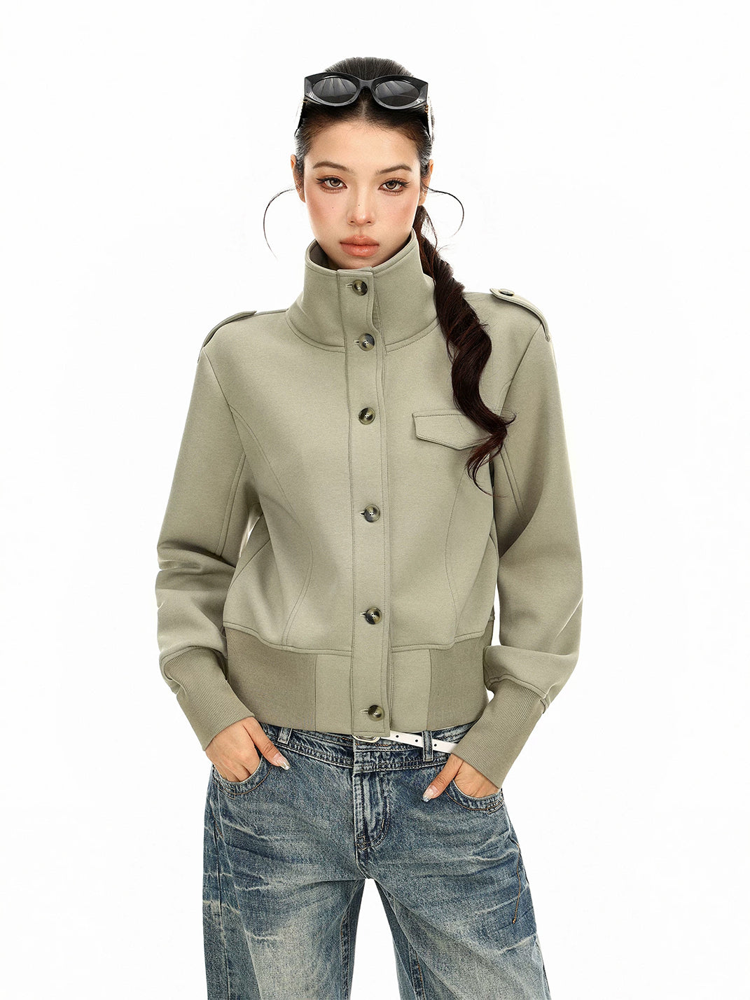 Epaulette Button Front Cropped Utility Jacket - front view