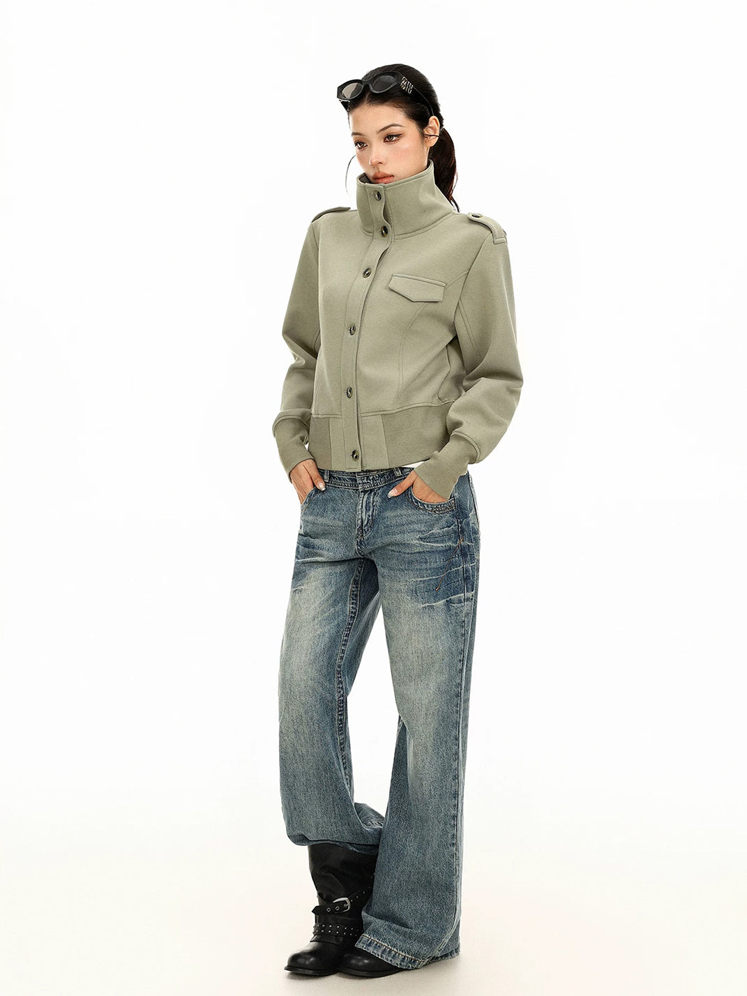 Epaulette Button Front Cropped Utility Jacket - product view 4