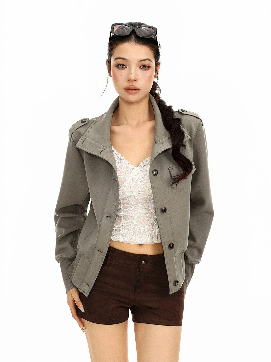 Epaulette Button Front Cropped Utility Jacket - product view 5
