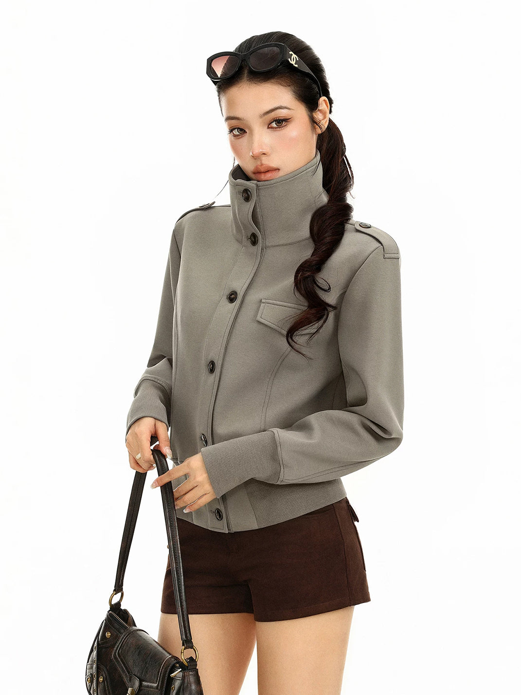 Epaulette Button Front Cropped Utility Jacket - product view 7