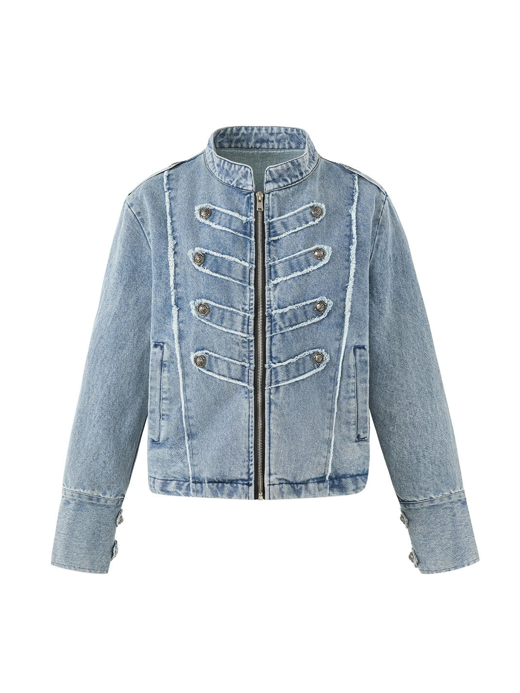 Contrast Stitch Military Detail Denim Jacket - front view